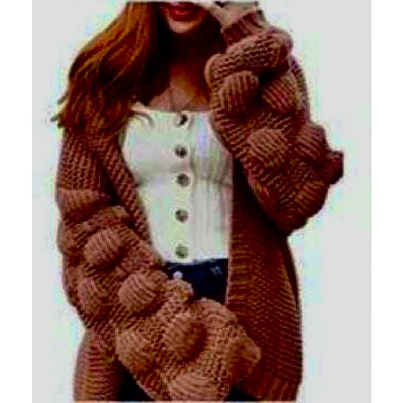 Coffee IN TIME FOR CHRISTMAS! GORGEOUS Womens M Bubble Sleeve Cardigan Sweater - Picture 2 of 3